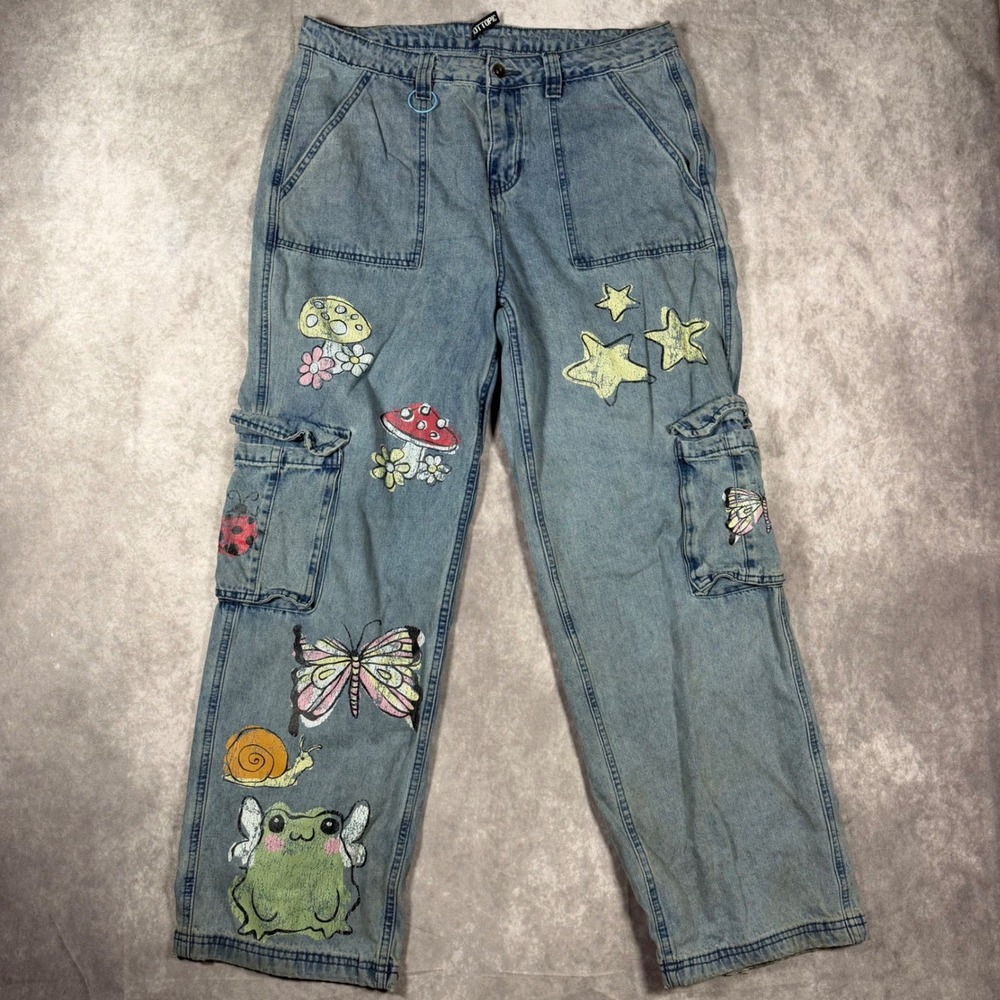Hot Topic Womens Light Wash Mushroom Butterfly Fairy Frog Cargo Jeans 13 Baggy
